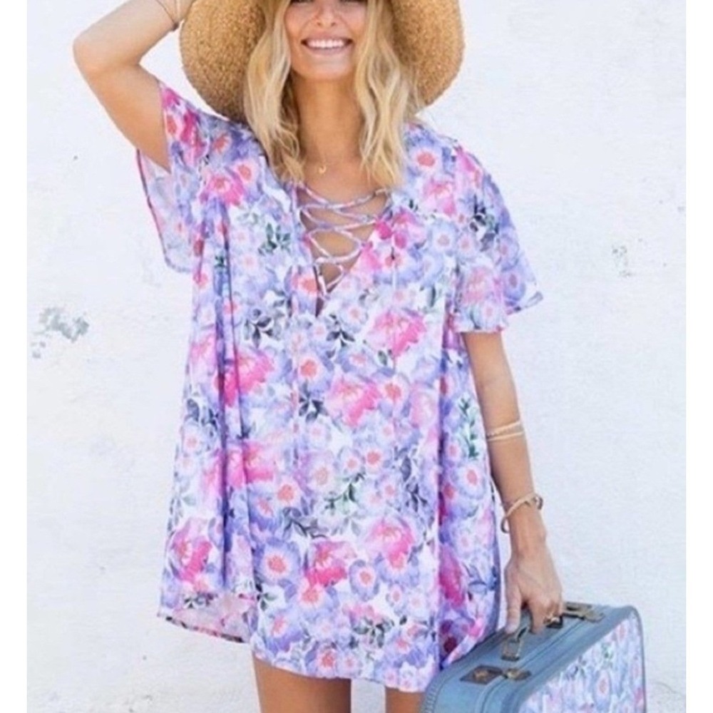 Show Me Your Mumu Kylie Floral Lace Up Tassel Mini Dress Sz Small